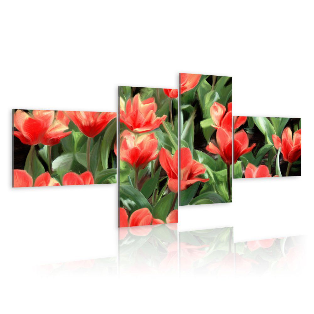 Obraz na plátně Bimago - Červené tulipány na louce 100x45 cm - GLIX DECO s.r.o.
