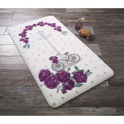 Bílá předložka do koupelny s fialovou květinou Confetti Bathmats Vintage Bike, 50 x 57 - Bonami.cz