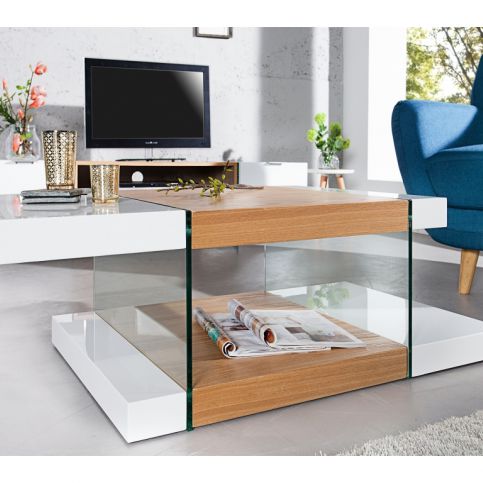 INV Konferenční stolek Noxy 110cm bílý-sklo-dub - Design4life