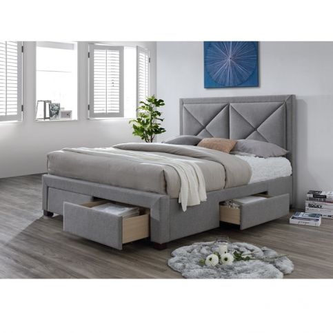 Luxusní postel s úložným prostorem, látka šedý melír, 180x200, XADRA - maxi-postele.cz
