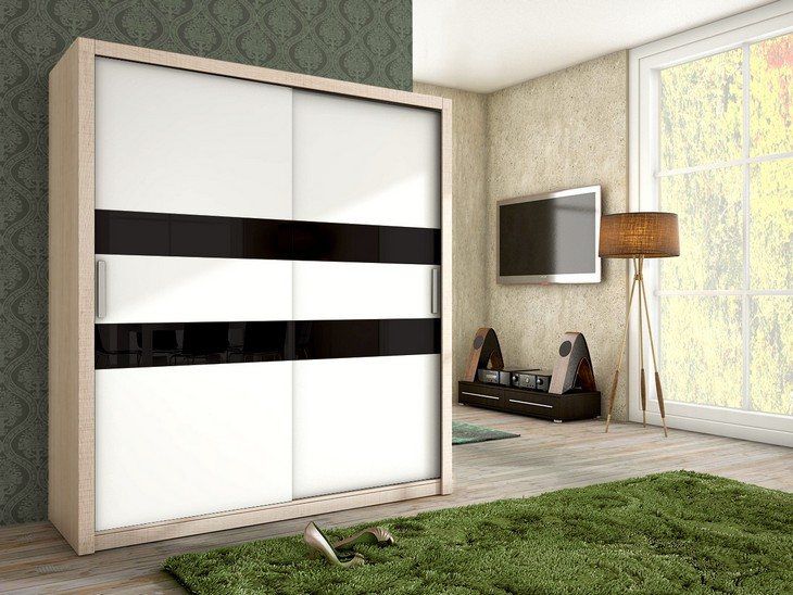 Moderní šatní skříň s posuvnými dveřmi JENA 180 sonoma/bílý mat + černé sklo - Favi.cz