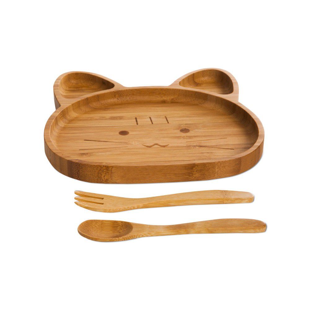 Set dětského talíře ve tvaru medvídka a příborů z bambusového dřeva Bambum - Bonami.cz