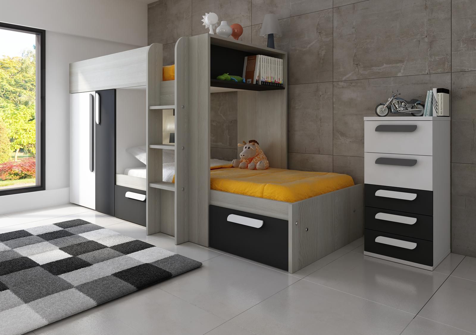 Aldo Poschoďová postel B s prvky v odstínu graphit - Nábytek ALDO