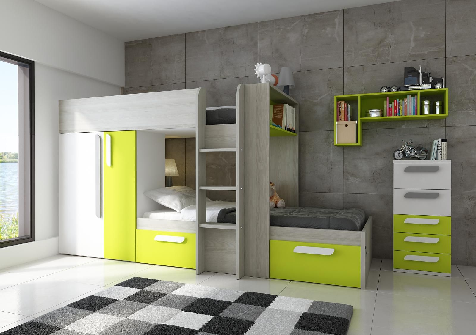 Aldo Poschoďová postel B s prvky v zeleném odstínu - Nábytek ALDO