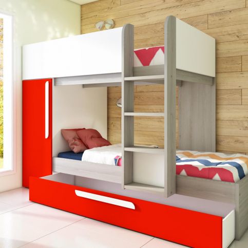 Patrová postel pro dvě i tři děti Bo7 - červená - Patrová postel bez šuplíku Bo7 - Nábytek aldo - NE