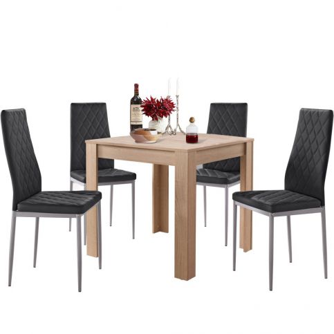 Set jídelního stolu v dubovém dekoru a 4 černých jídelních židlí Støraa Lori and Barak, 80 x 80 cm - Bonami.cz