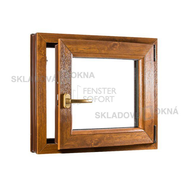 Skladova-okna Jednokřídlé plastové okno PREMIUM otvíravo-sklopné pravé 650 x 650 mm barva bílá/zlatý dub - Skladová Okna
