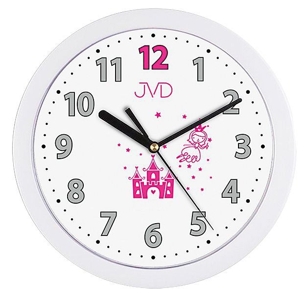 Růžovo bílé dětské nástěnné hodiny JVD H12.4 s růžovou vílou - Favi.cz