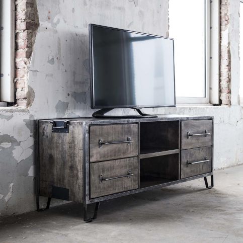 TV stolek z mangového dřeva a oceli se čtyřmi šuplíky - Nábytek aldo - NE