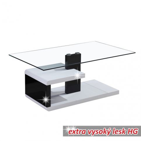 Konferenční stolek, MDF + čiré sklo, bílá / černá s extra vysokým leskem HG, LARS - maxi-postele.cz