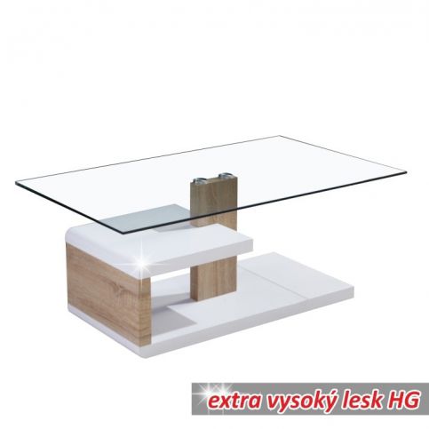 Konferenční stolek, MDF + čiré sklo, bílá extra vysoký lesk HG / dub sonoma, LARS - maxi-postele.cz