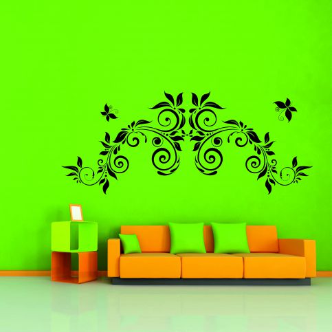 Samolepka na zeď- Květinový ornament s motýlky (95x40 cm) - PopyDesign - Popydesign