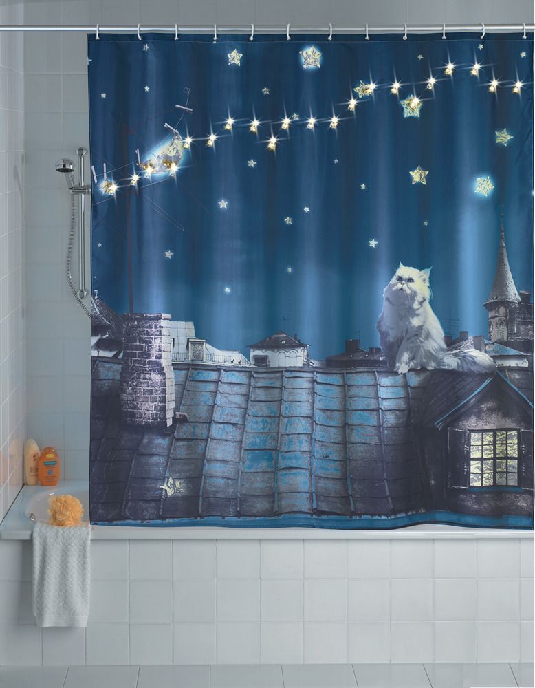 Sprchový závěs, textilní MOON CAT s osvětlením LED, 180 x 200 cm, WENKO - EMAKO.CZ s.r.o.