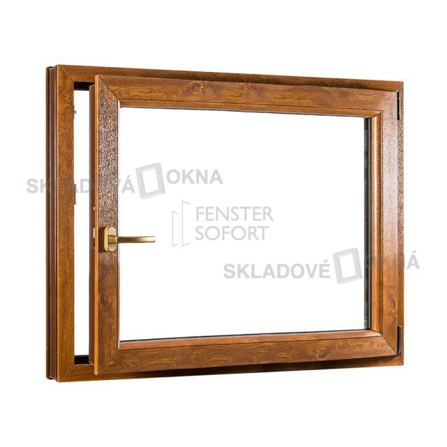 Skladova-okna Jednokřídlé plastové okno PREMIUM otvíravo-sklopné pravé 1100 x 1000 mm barva bílá/zlatý dub - Skladová Okna