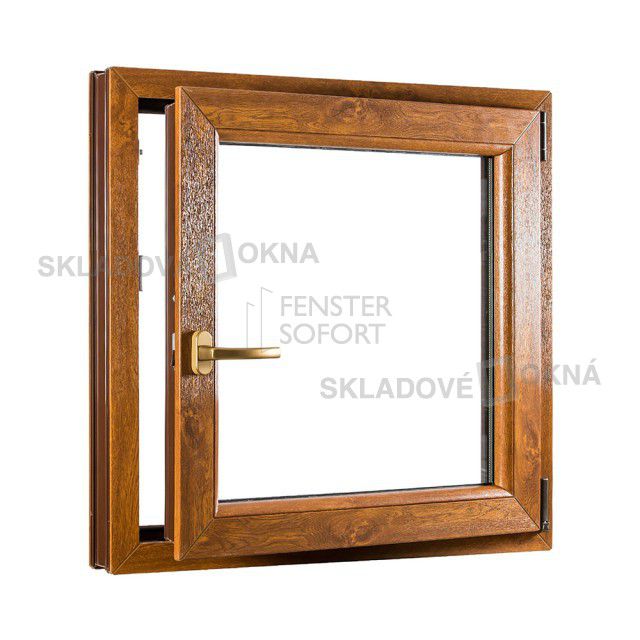 Skladova-okna Jednokřídlé plastové okno PREMIUM otvíravo-sklopné pravé 800 x 900 mm barva bílá/zlatý dub - Skladová Okna
