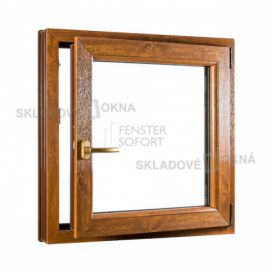 Skladova-okna Jednokřídlé plastové okno PREMIUM otvíravo-sklopné pravé 800 x 900 mm barva bílá/zlatý dub Skladová Okna