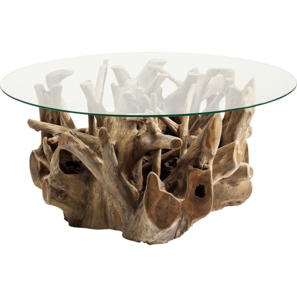 Skleněný konferenční stolek s podstavcem z teakového dřeva Kare Design Roots, Ø 100 cm - Bonami.cz