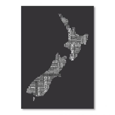 Černý plakát s mapou Nového Zélandu Americanflat, 60 x 42 cm - Bonami.cz
