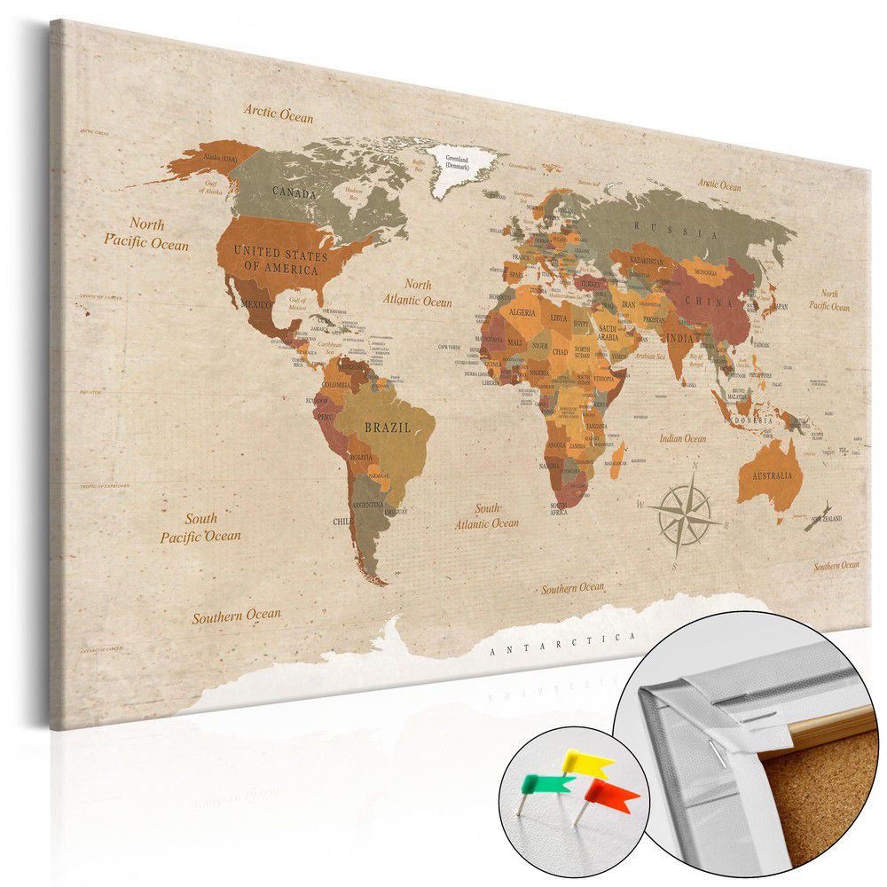 Nástěnka s mapou světa Bimago Beige Chic, 120 x 80 cm - Bonami.cz