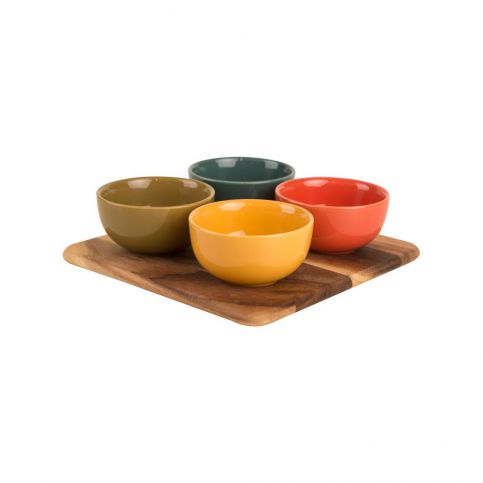 Set 4 misek na dip a prkénka z akáciového dřeva T&G Woodware Dip Dish Set Colora - Bonami.cz