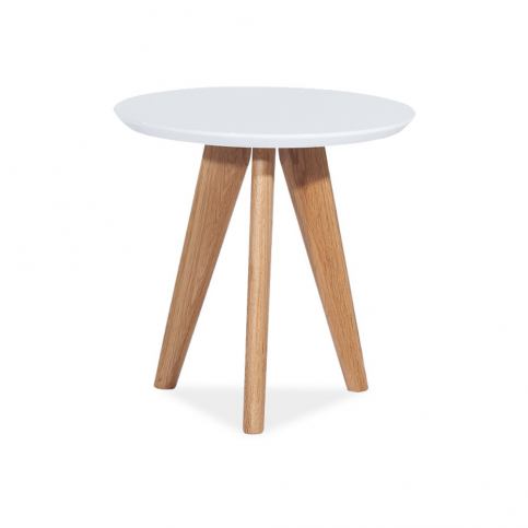Bílý odkládací stolek s lesklou deskou a nohama z dubového dřeva Signal Milan, ⌀ 50 cm - Bonami.cz