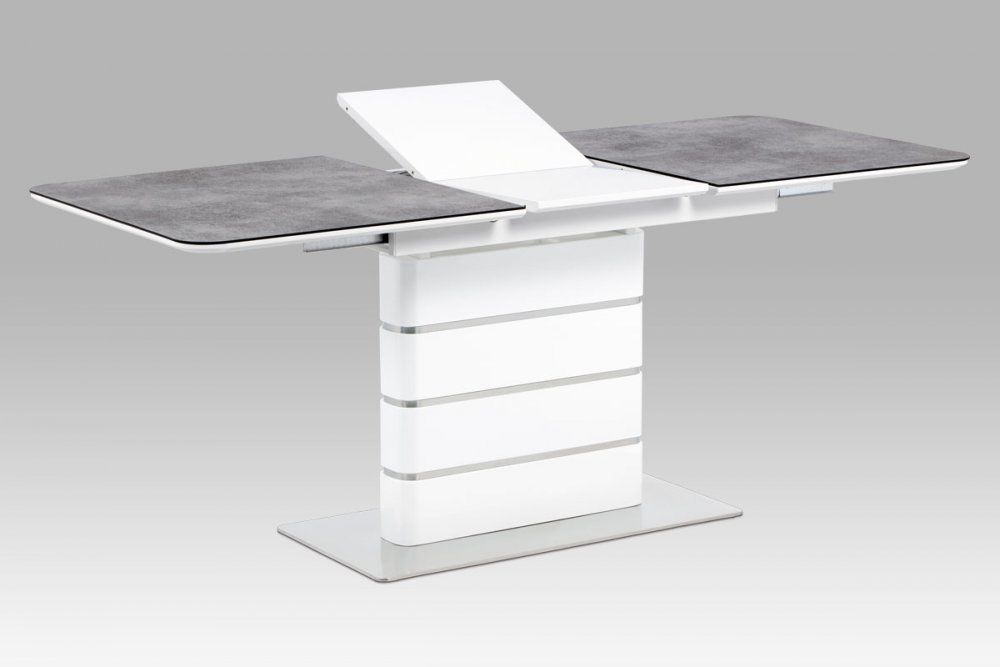 Jídelní stůl 140+40x80, šedé sklo, bílý vysoký lesk MDF, broušený nerez - M DUM.cz