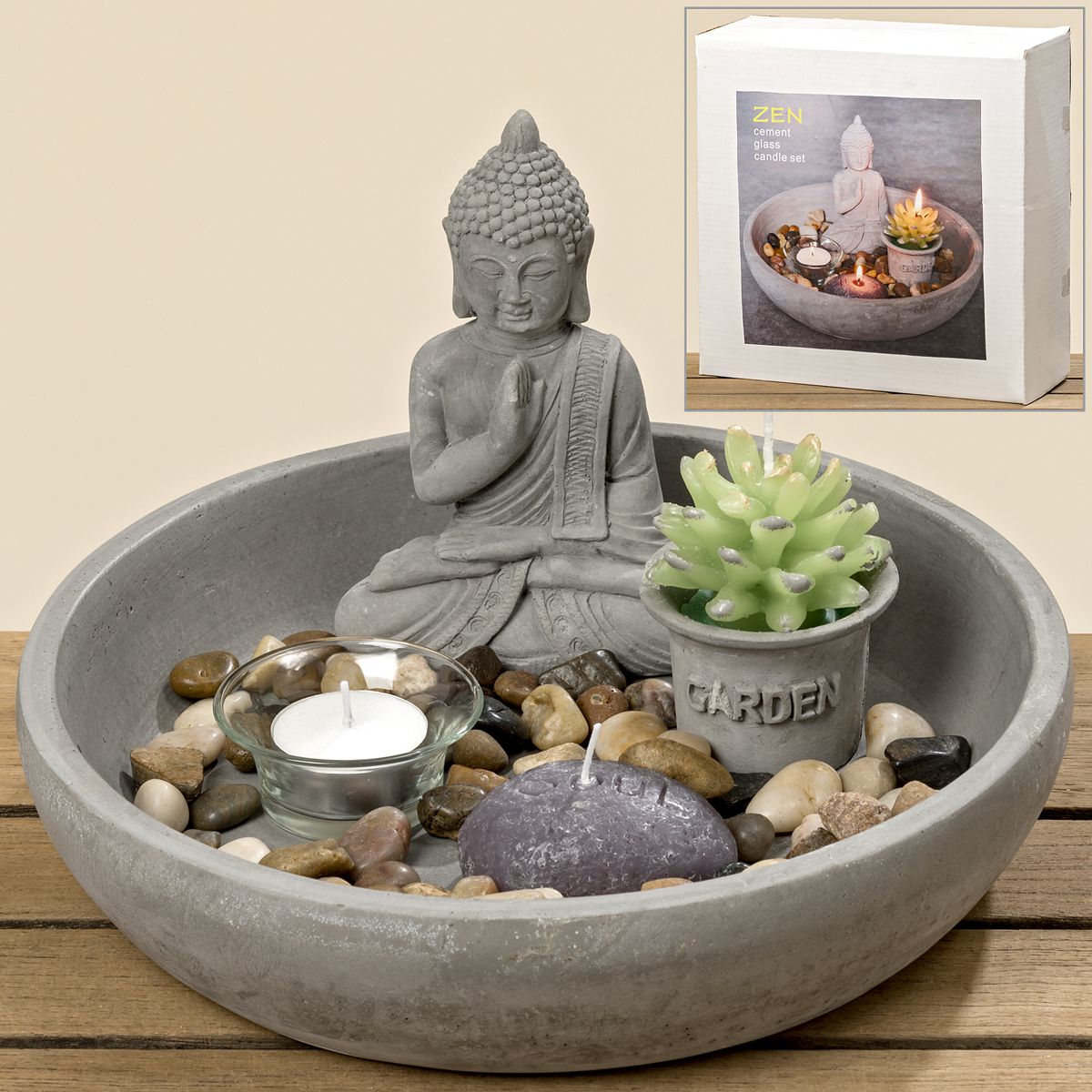Zenová zahrada Buddha v misce s kameny a svíčkou - Velký Košík