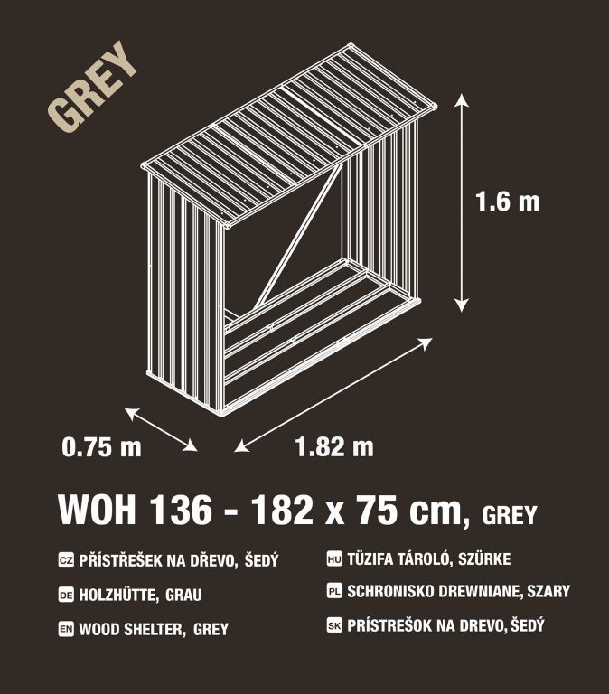 G21 WOH Přístřešek na dřevo 136 - 182 x 75 cm, šedý - Kokiskashop.cz
