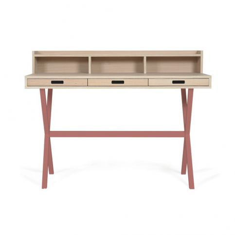 Pracovní stůl z dubového dřeva s růžovými kovovými nohami HARTÔ Hyppolite, 120 x 55 cm - Bonami.cz