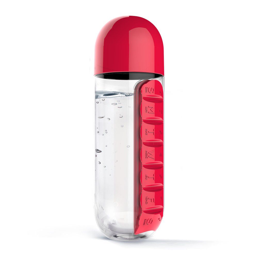 Týdenní dávkovací láhev ASOBU Pill Organizer červená 600ml - FORLIVING