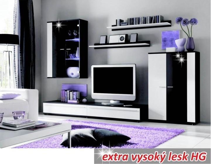 Obývací stěna, s LED osvětlením, bílá/černá extra vysoký lesk HG, CANES NEW - M DUM.cz