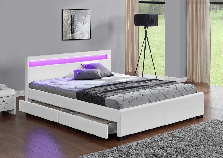 Manželská postel s úložným prostorem, RGB LED osvětlení, bílá ekokůže, 180x200, CLARETA Mdum - M DUM.cz