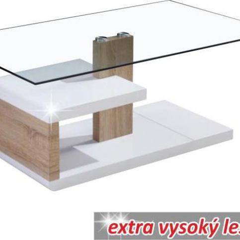 Konferenční stolek, MDF + čiré sklo, bílá extra vysoký lesk HG / dub sonoma, LARS - M DUM.cz
