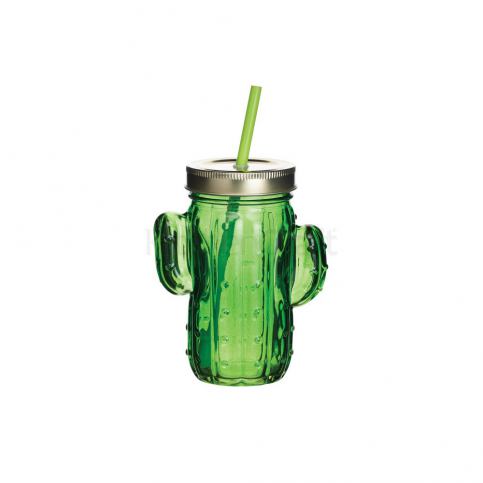 Zelená sklenice s víkem a brčkem ve tvaru kaktusu Kitchen Craft - Bonami.cz