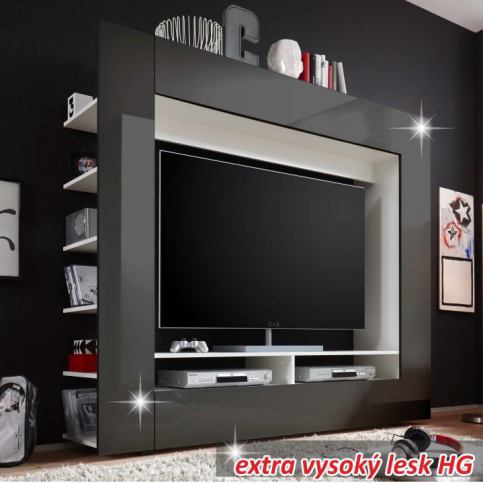 luxusní TV a media stěna, černá / extra vysoký lesk, MEDI TV - Nábytek Harmonia s.r.o.