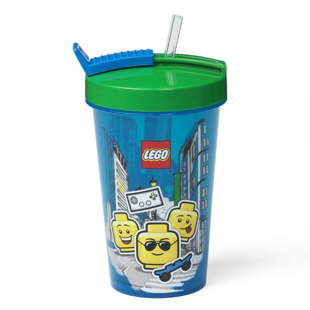 Modrý kelímek se zeleným víčkem a brčkem LEGO® Iconic, 500 ml - Bonami.cz