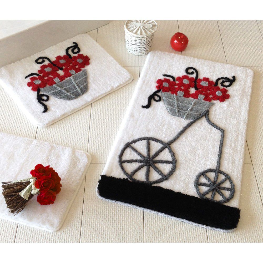 Sada tří koupelnových předložek s motivem květinového vozíku v červené, šedé a černé barvě Knit Knot - Bonami.cz