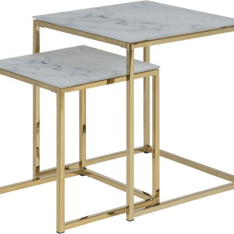 Design Scandinavia Konferenční stolky, sada 2 ks, kovová podnož ve zlaté, skleněné desky s mramorový - M DUM.cz