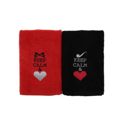 Sada 2 černo-červených bavlněných ručníků Keep Calm, 50 x 90 cm - Bonami.cz