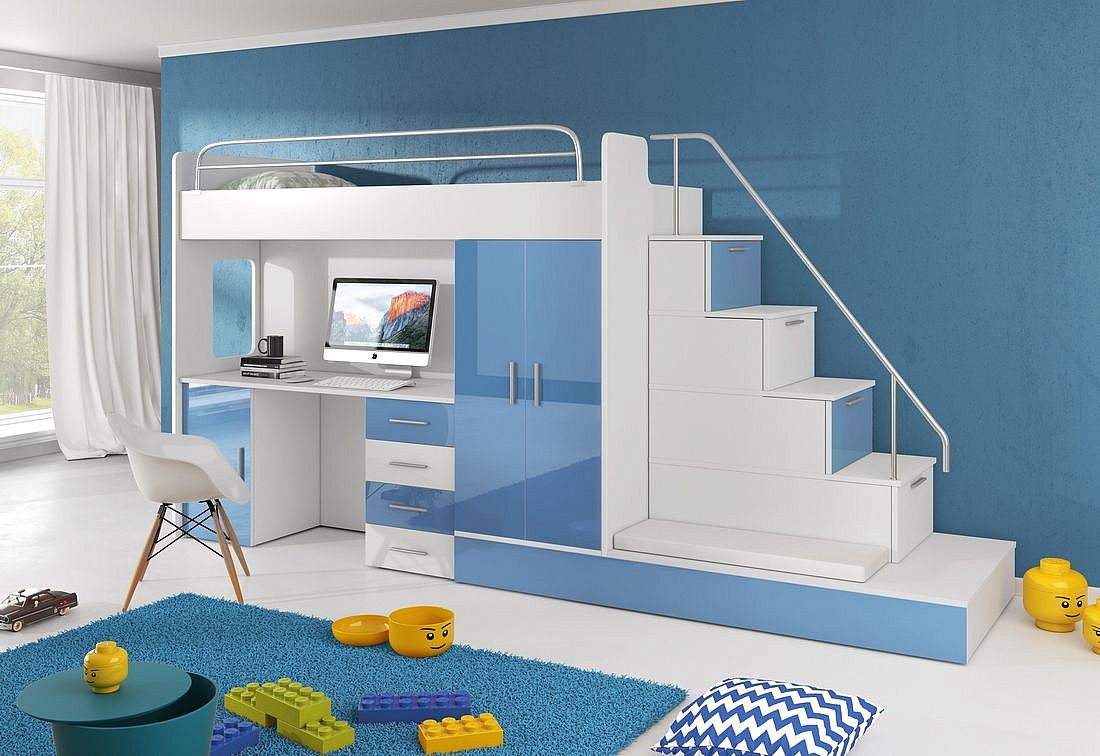 Dětská patrová postel DARCY V COLOR, 80x200, univerzální orientace, bílá/modrá lesk - Expedo s.r.o.