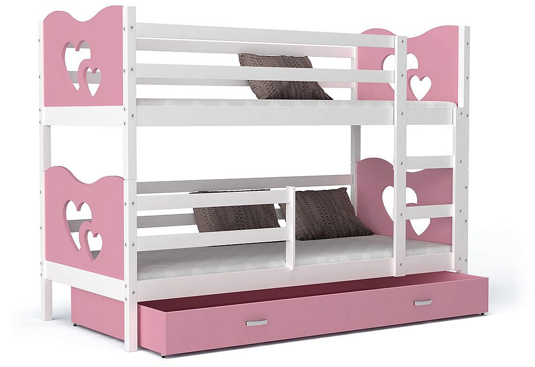 Dětská patrová postel FOX 2 COLOR + matrace + rošt ZDARMA, 190x80, bílý/růžový - srdíčka - Expedo s.r.o.