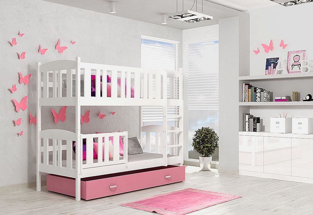 Dětská patrová postel KUBA color + matrace + rošt ZDARMA, bílá/růžová, 190x80 - Expedo s.r.o.