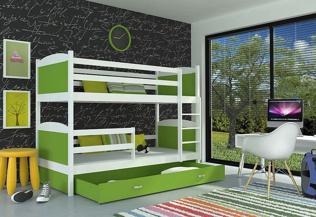 Dětská patrová postel MATES 2 COLOR + matrace + rošt ZDARMA, 190x80, bílý/zelený - Expedo s.r.o.