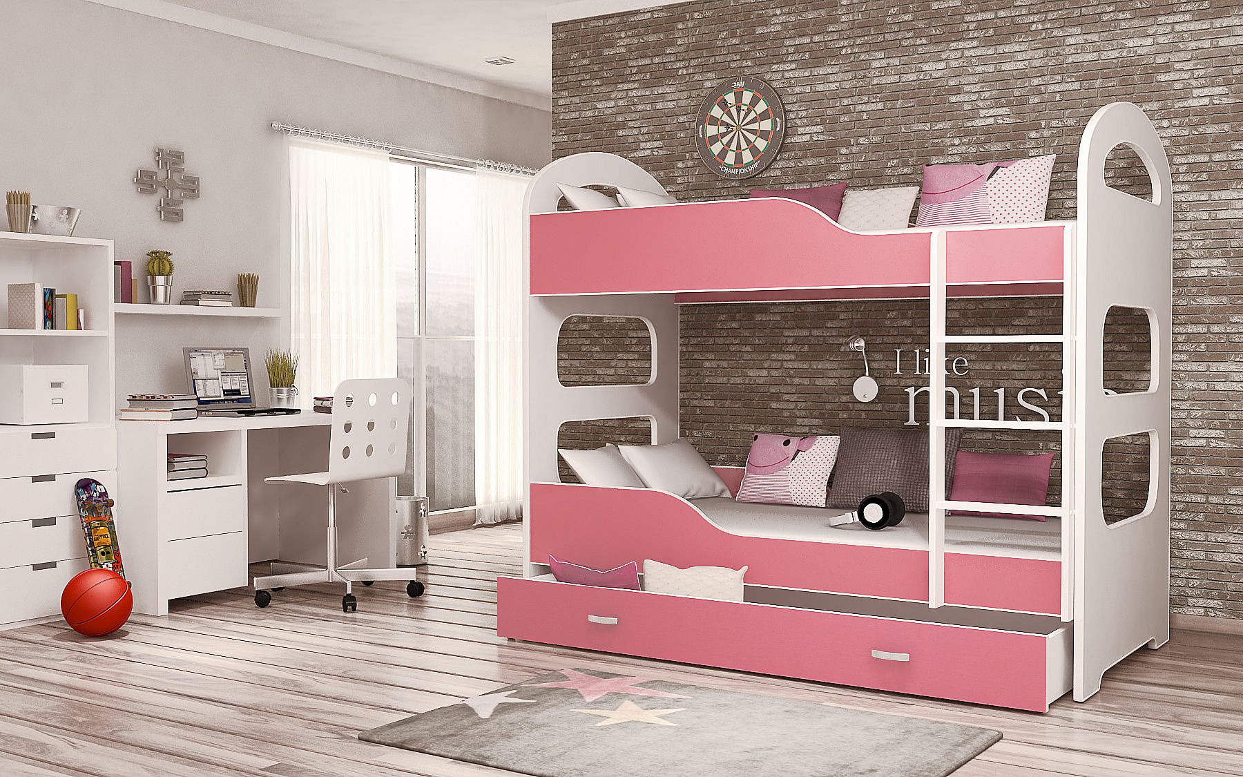 Dětská patrová postel PATRIK 2 COLOR + matrace + rošt ZDARMA, 160x80, bílý/růžový - Expedo s.r.o.