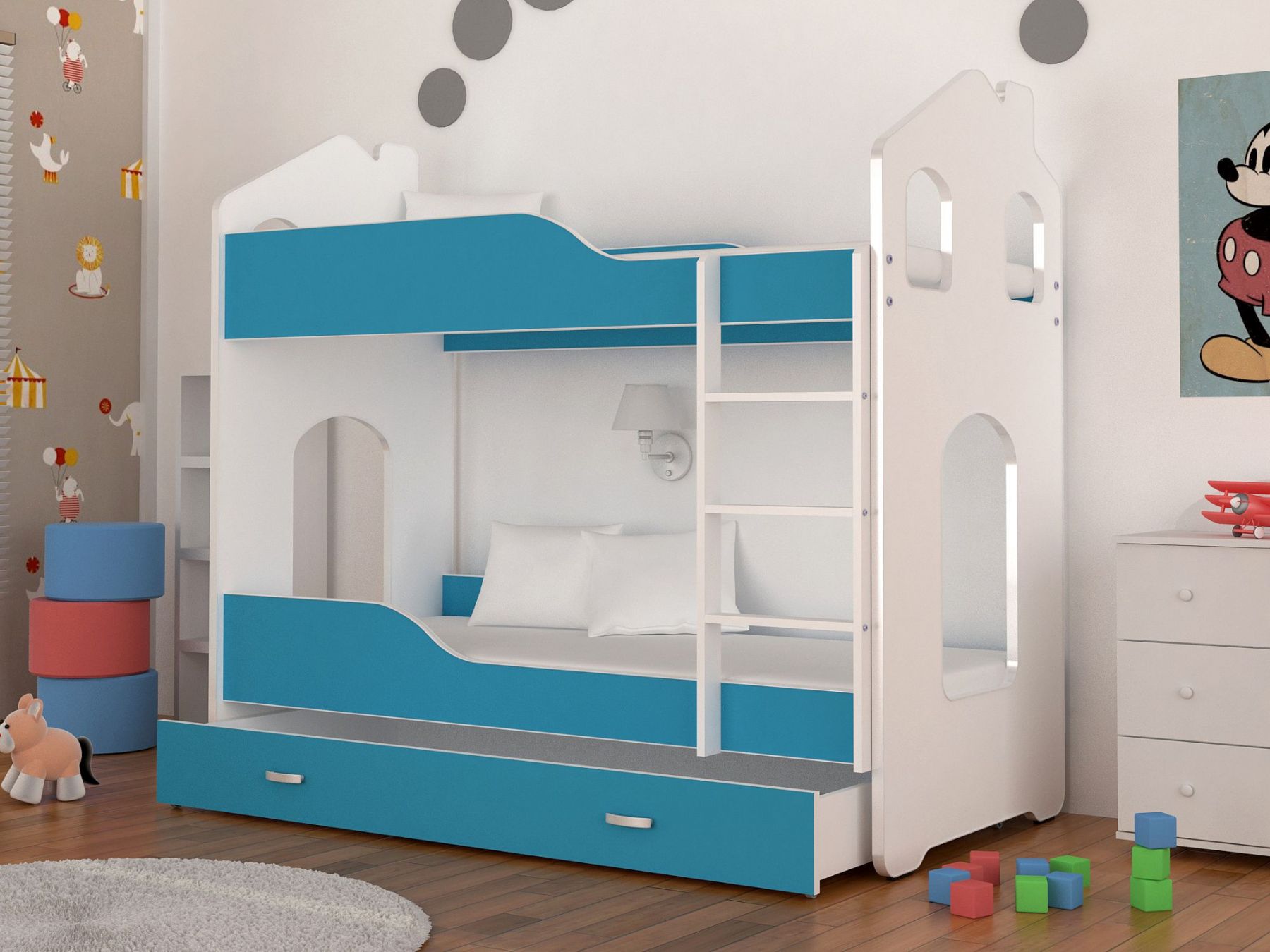 Expedo Dětská patrová postel PATRIK 2 Domek + matrace + rošt ZDARMA, 160x80, bílá/modrá - Expedo s.r.o.