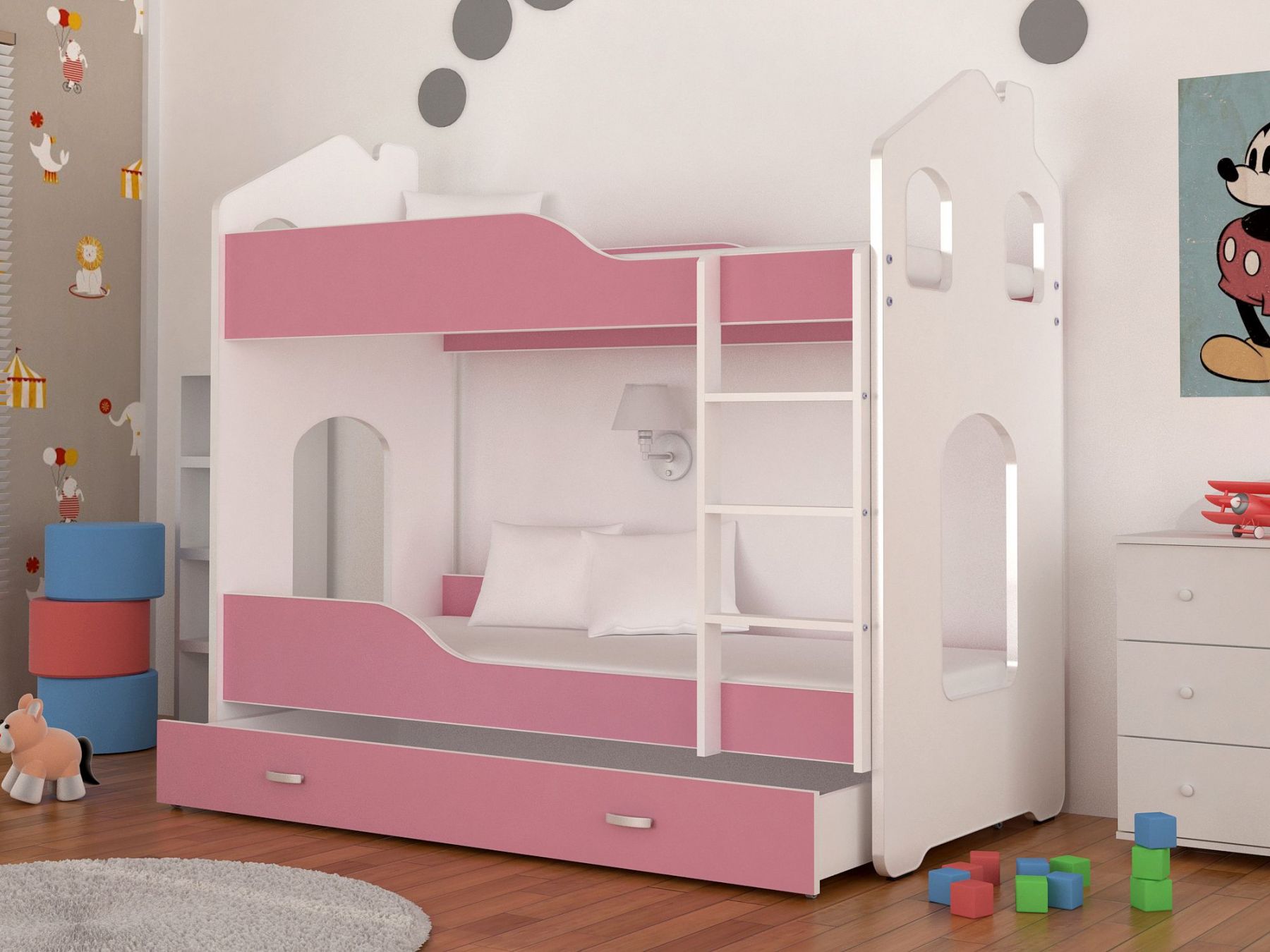 Dětská patrová postel PATRIK 2 Domek + matrace + rošt ZDARMA, 160x80, bílá/růžová - Expedo s.r.o.