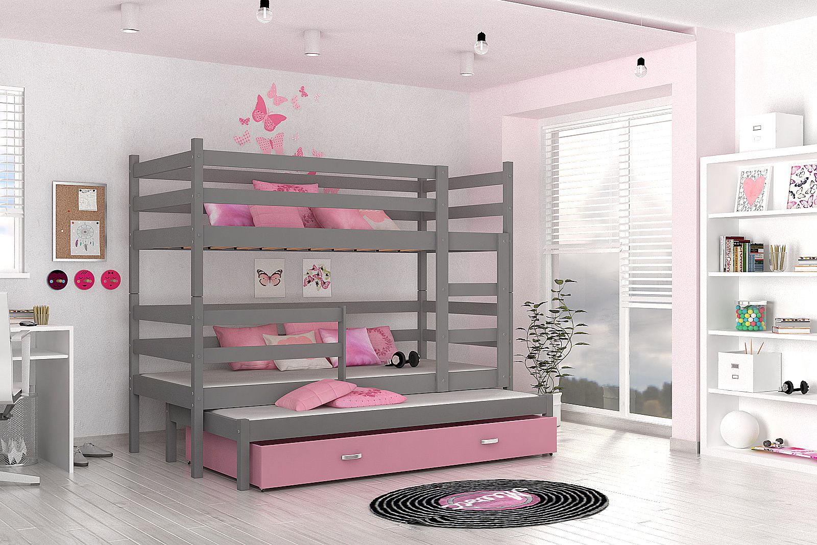 Dětská patrová postel RACEK B 2 COLOR + rošt + matrace ZDARMA, 190x80, šedý/růžový - Expedo s.r.o.