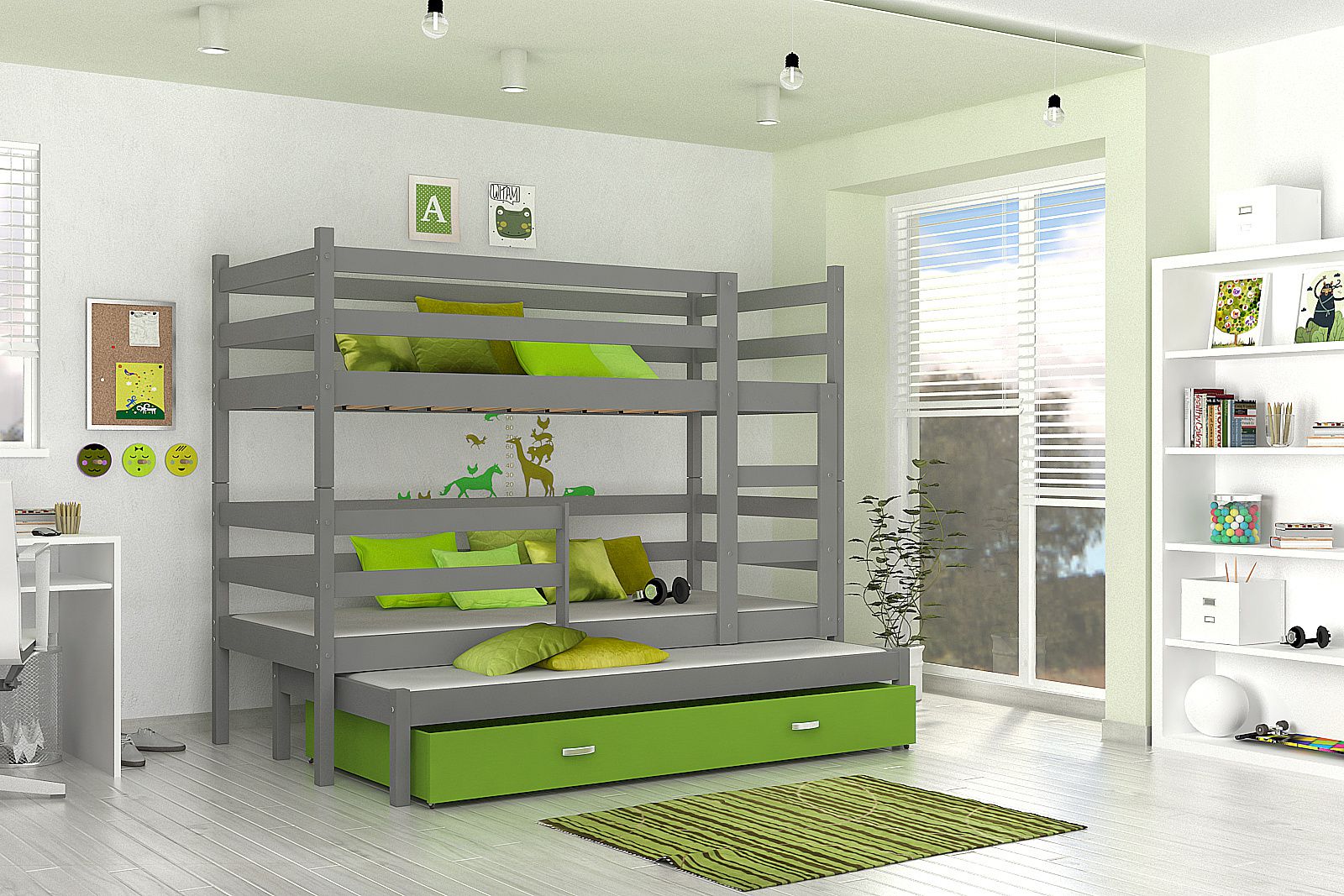 Dětská patrová postel RACEK B 2 COLOR + rošt + matrace ZDARMA, 190x80, šedý/zelený - Expedo s.r.o.