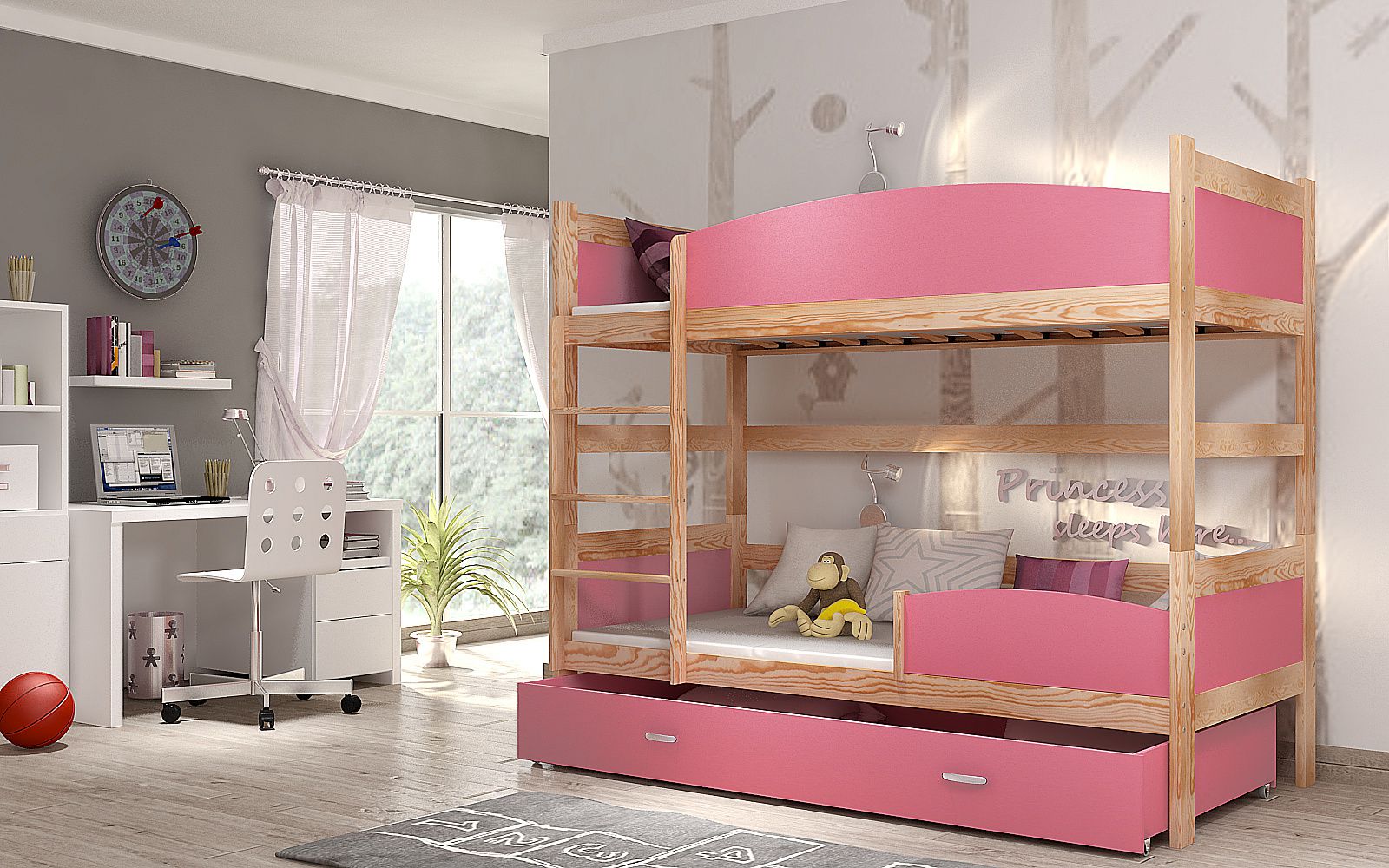 Dětská patrová postel SWING 2 + matrace + rošt ZDARMA, 190x80, borovice/růžový - Expedo s.r.o.