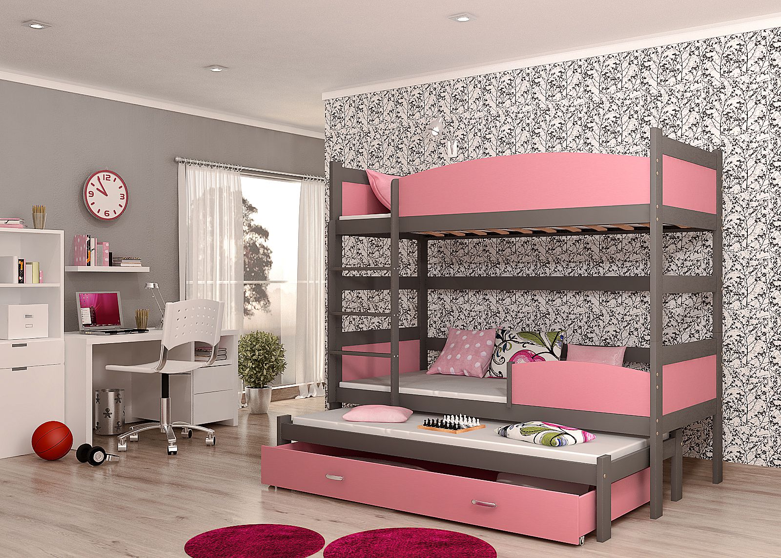 Dětská patrová postel SWING3 COLOR + rošt + matrace ZDARMA, 190x80, šedý/růžový - Expedo s.r.o.